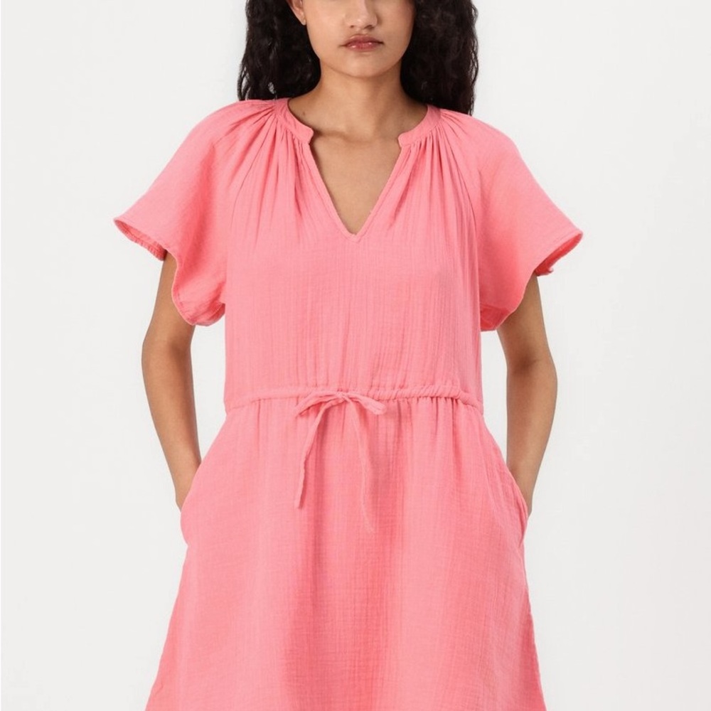 Women's Coral Pink V-Neck Drawstring Dress